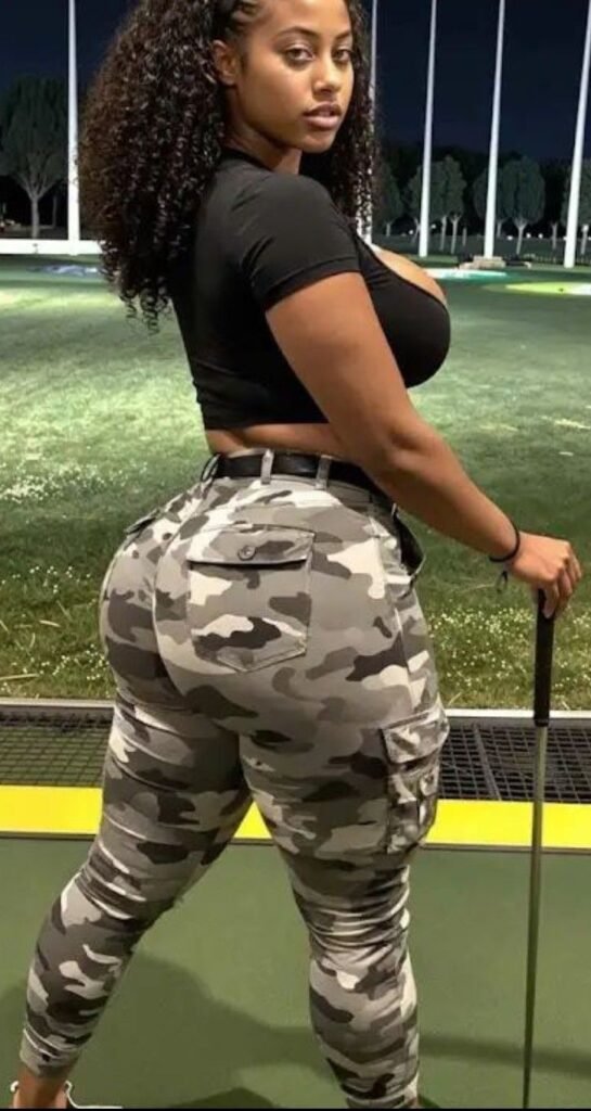 Confident curvy woman at a driving range representing phone sex chat UK and adult chat with horny girls