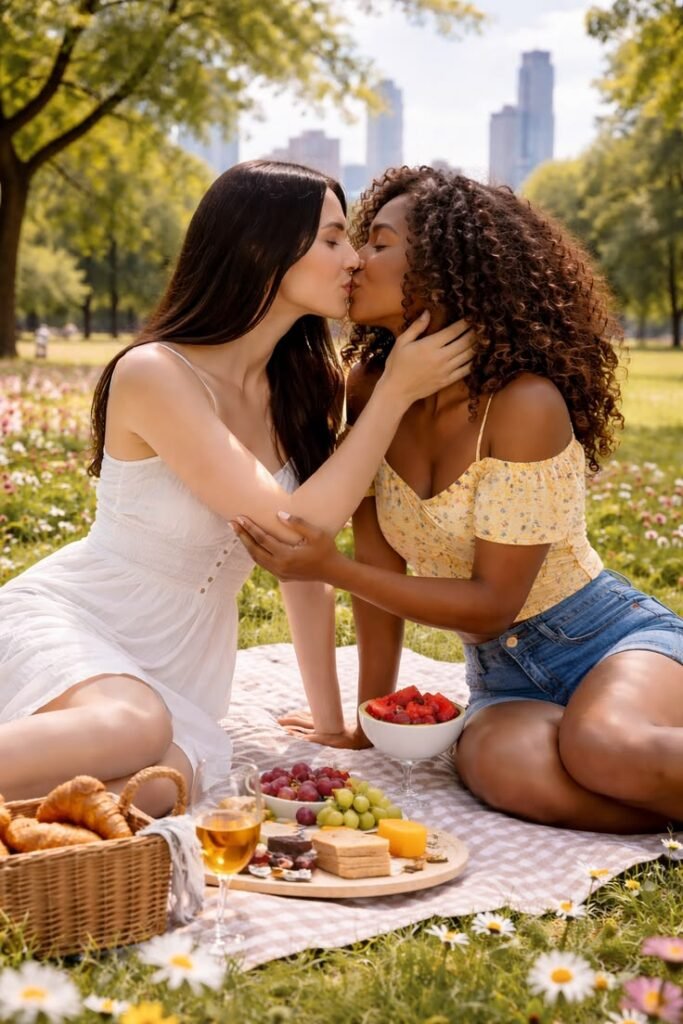 Girls on girls chat UK profile featuring two women enjoying a picnic Lesbian phone chat UK female duo in a park Women seeking women chat profile with summer picnic Girls on girls phone chat UK profile image Lesbian chat lines UK romantic outdoor couple Adult chat UK girls on girls category profile