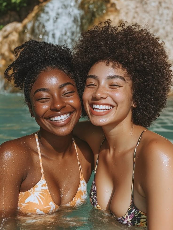 Girls on girls chat UK profile featuring two smiling women in water Lesbian phone chat UK female duo with natural curly hairstyles Women seeking women chat profile at a tropical waterfall Girls on girls phone chat UK profile image Lesbian chat lines UK confident female pair Adult chat UK girls on girls category profile