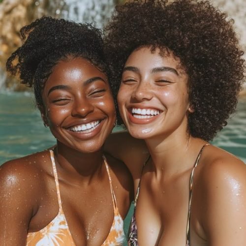 Girls on girls chat UK profile featuring two smiling women in water Lesbian phone chat UK female duo with natural curly hairstyles Women seeking women chat profile at a tropical waterfall Girls on girls phone chat UK profile image Lesbian chat lines UK confident female pair Adult chat UK girls on girls category profile